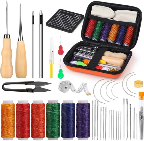 Vista 8 de Kit de costura de cuero MORFEN, kit de costura de cuero con punzón de costura, agujas, hilo encerado, kit de reparación de tapicería, herramientas