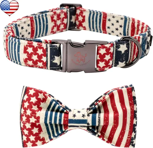 Vista 16 de Elegant little tail Independence - Collar patriótico para mascotas con pajarita para mascotas del 4 de julio de algodón suave para mascotas