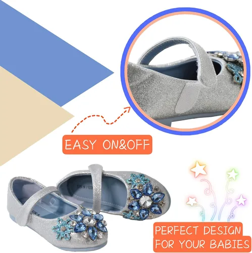 Vista 4 de owiluup - Zapatos de vestir para niñas Mary Jane Princess con gancho y bucle con purpurina para fiestas azules para niños pequeños