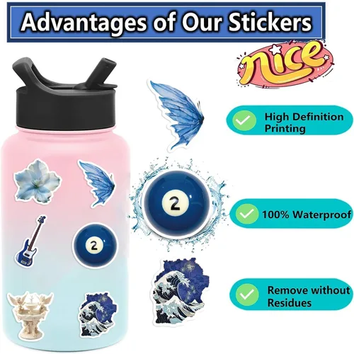 Vista 3 de YOKSAS 50 calcomanías azules impermeables para botellas de agua y portátiles, calcomanías estéticas de moda para Mac, computadora, teléfono