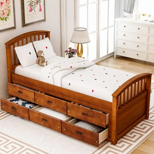 Vista 12 de Cama de almacenamiento de plataforma de tamaño individual, sofá cama de capitán con 6 cajones y base de cama individual con cabecera y estribo
