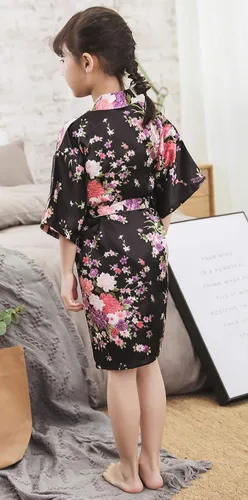 Vista 2 de Bata de kimono floral de flores de cerezo, bata de seda para fiesta nupcial, camisón para niñas