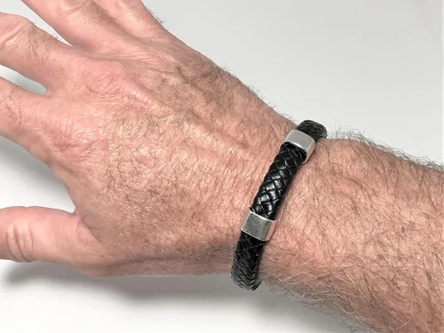 Vista 8 de Black Braided Leather and Silver Bracelet with Magnetic Clasp for Men and Women