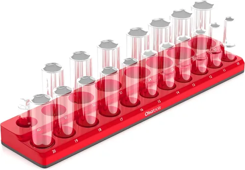 Vista 32 de Olsa Tools - Organizador magnético de llaves de vaso Con accionamiento de 1/4 pulgada Métrico Rojo Con capacidad para 26 llaves de vaso