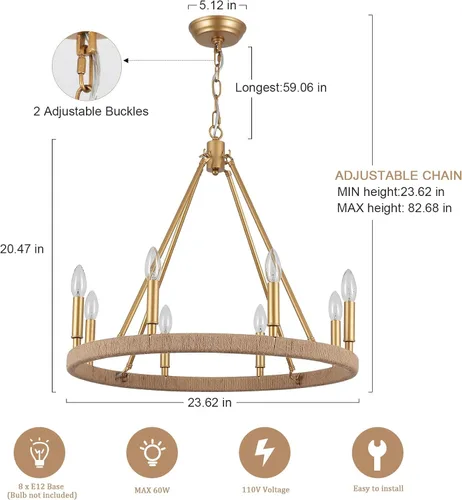 Vista 2 de Candelabro dorado de 24 pulgadas, 8 luces doradas para comedor, lámpara colgante redonda rústica para sala de estar, vestíbulo, entrada, techo alto