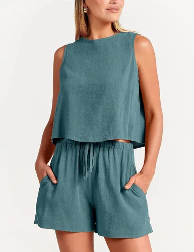 Vista 2 de GIVENUAN - Conjunto de 2 piezas de verano para mujer, conjunto de pantalones cortos de lino con cuello redondo, camiseta corta sin mangas