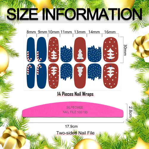 Vista 5 de 20 hojas de calcomanías de esmalte de uñas de Navidad, envolturas completas para mujeres, tiras de gel autoadhesivas de manicura con lima de uñas