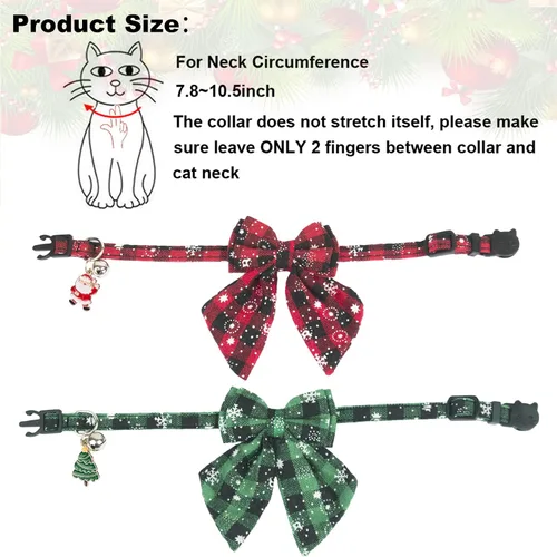 Vista 6 de PTDECOR Paquete de 2 Collares Navideños para Gatos, Collar de Gato Navideño con Corbatín y Campanilla Desmontables, Collares Navideños de Liberación