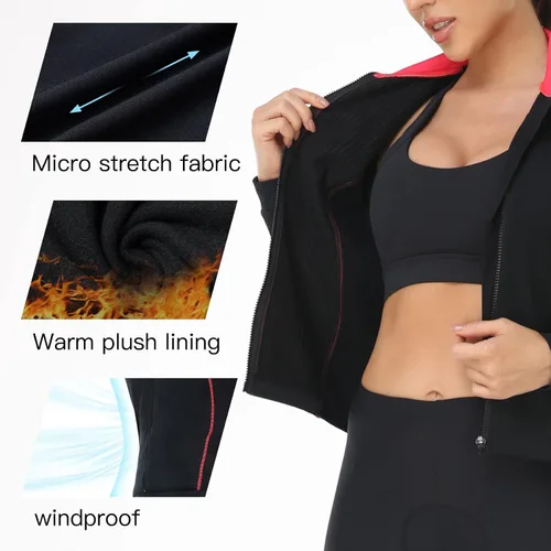 Vista 3 de DIFOS Chaquetas de ciclismo de forro polar para mujer, térmicas, cálidas, resistentes al viento, con cremallera completa, abrigo para correr