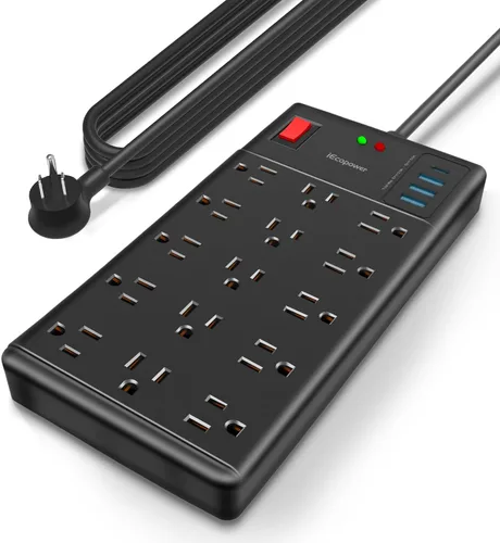 Vista 10 de Regleta de alimentación con protector de sobretensiones, 15 tomas de corriente ampliamente espaciadas y 4 puertos USB (1 puerto USB C), cable