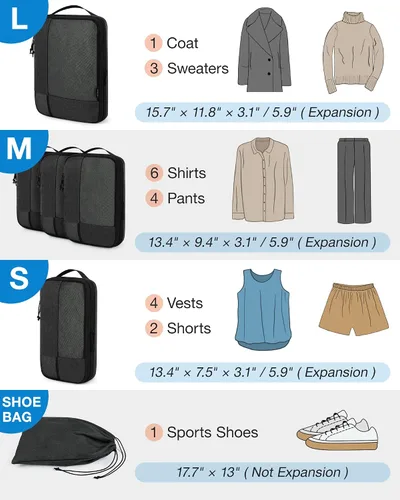 Vista 2 de BAGSMART Juego de 6 cubos de embalaje de compresión para maletas, cubos de viaje de compresión y organizador de maletas para empacar con bolsa