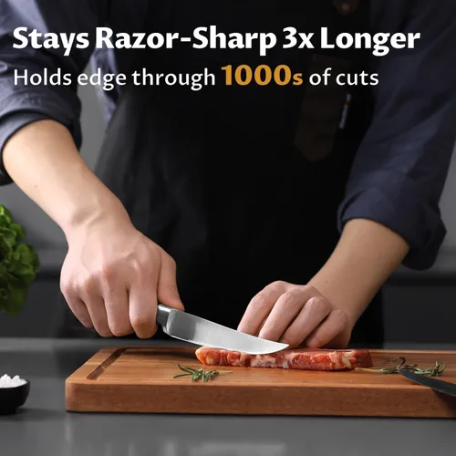 Vista 3 de OAKSWARE - Juego de 4 cuchillos para carne, no dentados, con mango ergonómico forjado de espiga completa, acero inoxidable alemán de alto carbono