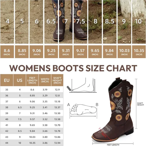 Vista 3 de Botas vaqueras bordadas con girasol para mujer, botas vaqueras con punta cuadrada, botas altas de vaquera para todas las estaciones y ocasiones