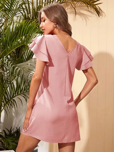 Vista 2 de WDIRARA Vestido de verano con cuello redondo y mangas casquillo con volantes en capas para mujer