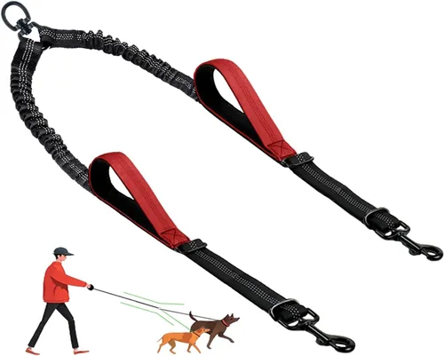 Vista 9 de Correa doble para perro, divisor sin enredos para dos perros, acoplador con cuerda de plomo larga ajustable, asas de control dual, elástico