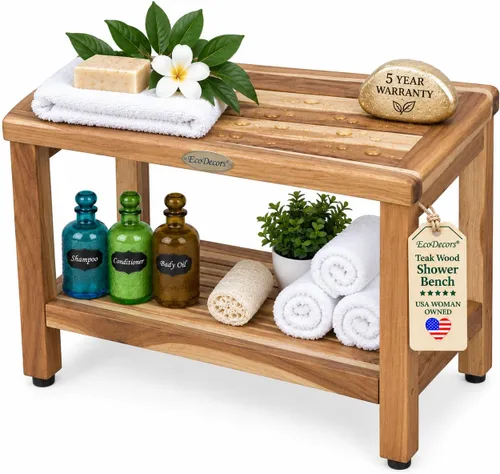 Vista 25 de EcoDecors Banco de ducha de teca natural de 18 pulgadas, impermeable Banco de ducha de teca de 18" con barra