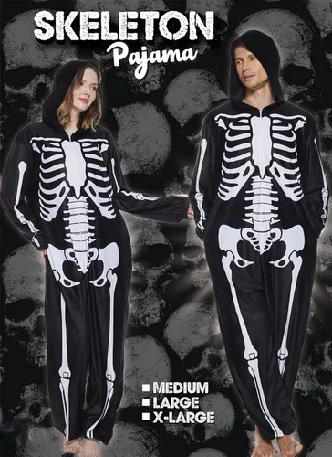 Vista 6 de ReneeCho Pijama de esqueleto con capucha para adultos, hombres y mujeres, disfraz de Halloween, overol de una pieza, color negro, Negro