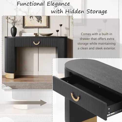 Vista 7 de Mesa consola moderna con diseño acanalado vertical, mesa de entrada de almacenamiento compacta con cajón funcional para sala de estar Negro-ww33