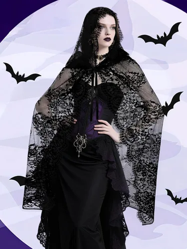 Vista 4 de Disfraz de bruja de Halloween, capa negra con capucha para mujer Gargantilla gótica, pulseras de encaje, pendientes, capa corta gótica, capa