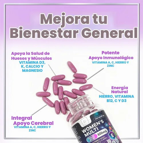 Vista 5 de Multivitamínico para mujer – Multivitaminas diarias completas para mujer con biotina, calcio, ácido fólico, hierro, zinc, vitamina A, C, D, E y B