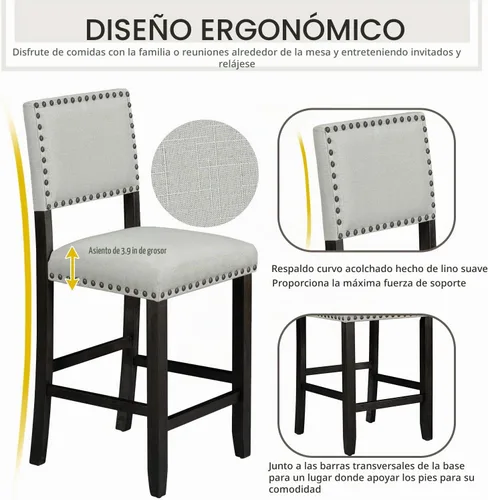 Vista 5 de P PURLOVE Juego de mesa de cocina de 5 piezas, mesa de comedor de altura de mostrador con mesa rectangular y 4 sillas acolchadas para lugares