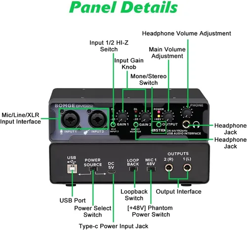 Vista 6 de BOMGE Interfaz de audio USB (32 bits/192 kHz) con XLR, alimentación fantasma, monitoreo directo, Loopback para grabación de PC, transmisión