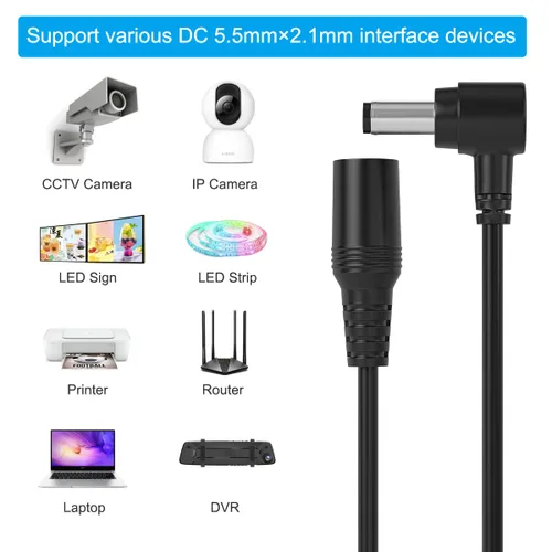 Vista 4 de Cable de extensión CC de 0.217 in x 0.083 in, ángulo recto de 90 grados, macho a hembra, ángulo izquierdo, cable de extensión de alimentación de 12