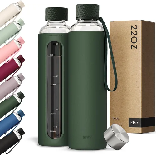 Vista 20 de KIVY Botella de agua de vidrio con funda de silicona de 22 oz