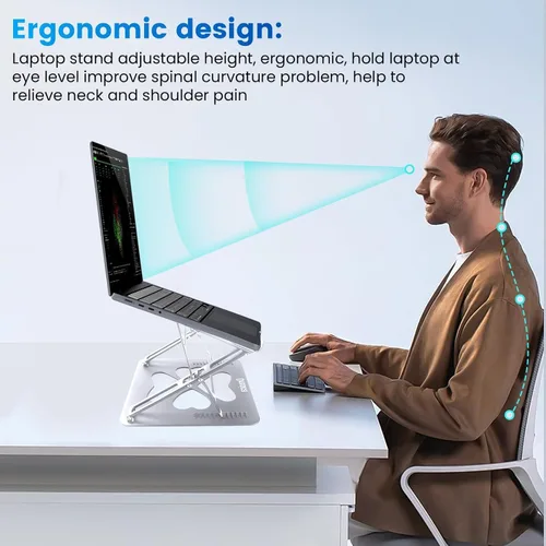Vista 5 de Soporte mecánico de doble ángulo ajustable resistente para computadora portátil, soporta 55 libras, soporte ergonómico para computadora portátil