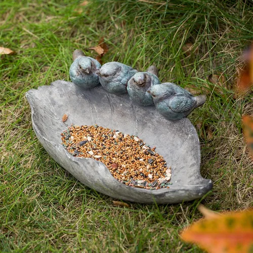 Vista 3 de Bird-Feeder - Cuenco de baño para pájaros salvajes al aire libre, decoración de jardín, pájaros de poliresina en la hoja, 12.4 x 7.5 x 4.1 pulgadas