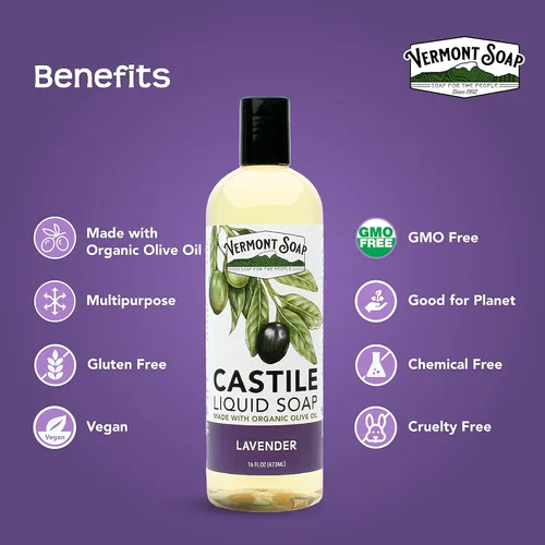 Vista 6 de Vermont Castile Jabón Lavanda, jabón líquido suave para pieles sensibles y gel de baño natural, champú orgánico para cabello graso, aloe castilla