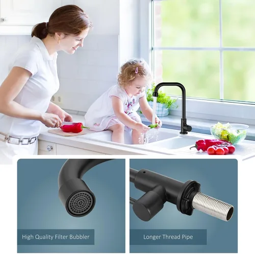 Vista 2 de Aolemi Negro frío solo agua grifo de la cocina grifo de barra comercial manija sola palanca 304 acero inoxidable cubierto montado solo agujero