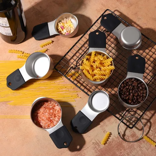 Vista 6 de Juego de tazas medidoras magnéticas de acero inoxidable, tazas medidoras de metal resistentes para ingredientes secos y líquidos (negro)