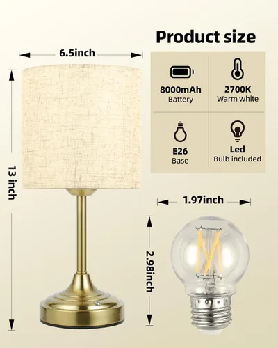 Vista 4 de Lámpara operada por pilas, 8000mAh, regulable, luz ambiental, 2700K, control táctil, portátil, pequeña, LED, inalámbrica, recargable, sin cables