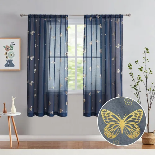 Vista 18 de Jubilantex Paneles de cortinas transparentes de mariposas negras y doradas de 52 pulgadas de ancho para dormitorio de niñas, elegantes cortinas