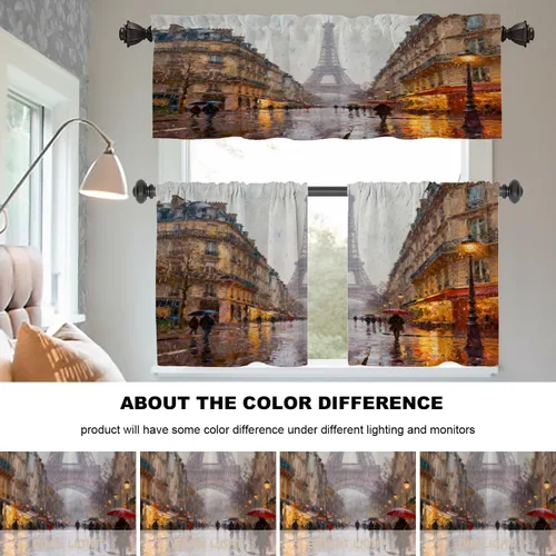 Vista 9 de Cortinas opacas de cocina con pintura al óleo de Europa rosa y negra para ventanas, cenefas opacas modernas de torre Eiffel de poliéster multicapa