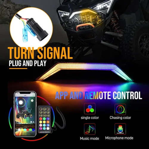 Vista 2 de RZR PRO - Luz de acento frontal con color de persecución, control remoto y Bluetooth, luz LED para parrilla central compatible con Polaris RZR PRO