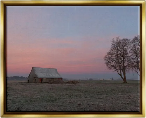 Vista 9 de Stupell Industries Cabaña de pastizales solitarios árboles rurales puesta de sol cielo flotante enmarcado arte de pared, diseño de Nancy Crowell