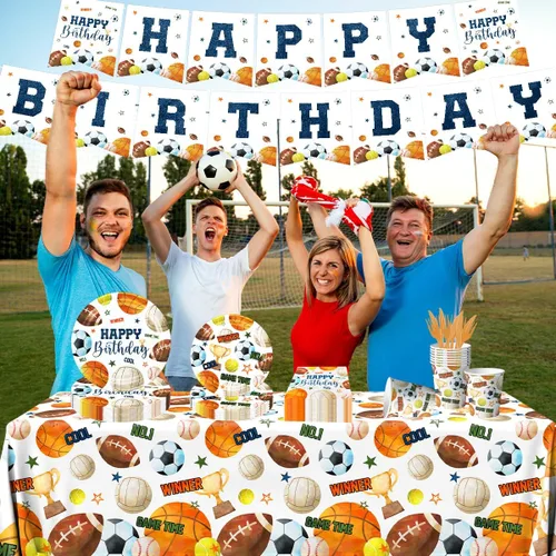Vista 5 de Juego de 142 platos y servilletas para decoración de fiesta de cumpleaños deportivas, juego de platos y servilletas All Star Baloncesto, Fútbol