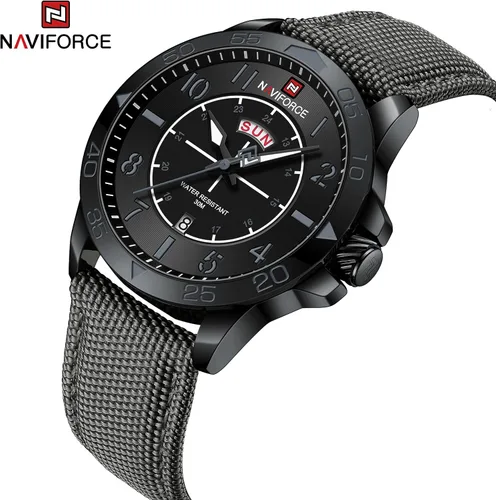 Vista 2 de NAVIFORCE Reloj deportivo para hombre con correa de nylon reloj de cuarzo dorado resistente al agua con fecha grande - perfecto para actividades al