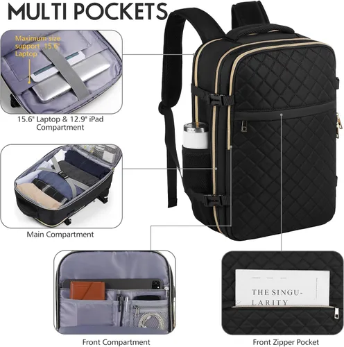 Vista 2 de MOMUVO Mochila de viaje para mujer, mochila de mano aprobada por aerolíneas, mochila para laptop de 15.6 pulgadas con puerto de carga USB, mochila