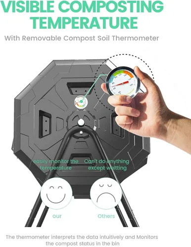 Vista 3 de Compostador giratorio mejorado 2021 con termómetro de compost - Contenedor de compost de jardín de cámara doble (43 galones, negro)