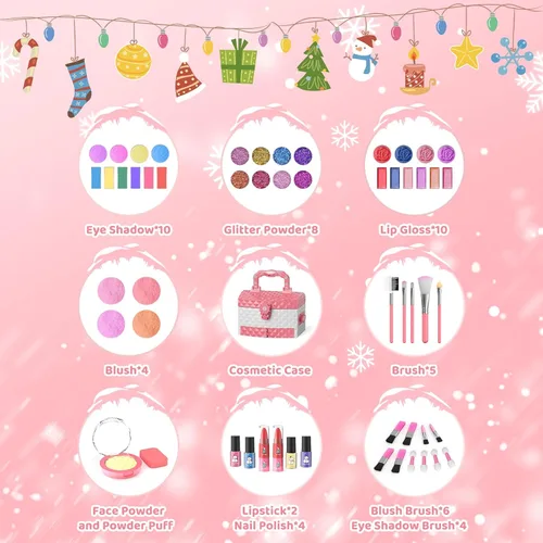 Vista 2 de GirlsHome Set de maquillaje para niñas de 56 piezas, lavable, cosméticos reales no tóxicos, juguetes de Frozen, kit de maquillaje para niñas