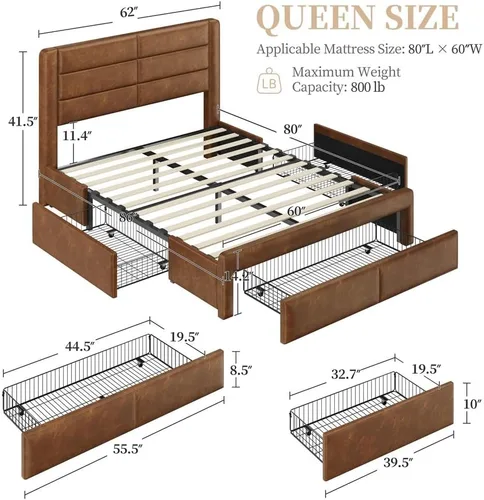 Vista 2 de Yaheetech Marco de Cama Queen con 2 Estaciones de Carga USB/Puerto para Tipo A y Tipo C/3 Cajones de Almacenamiento, Cama Plataforma Tapizada