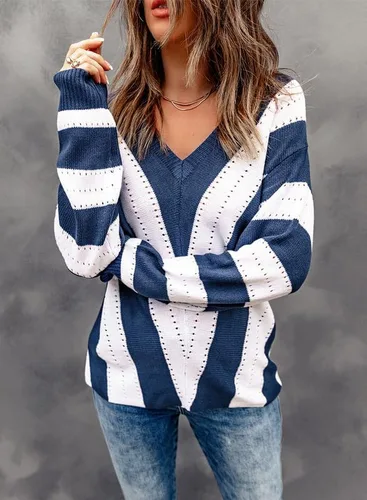 Vista 6 de Dokotoo Suéter de punto para mujer, diseño de rayas, cuello en V, con bloques de color, ajuste holgado