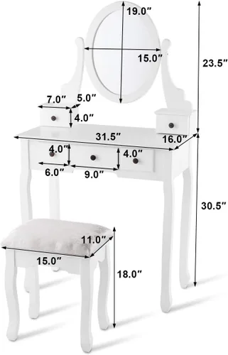 Vista 5 de MAT EXPERT Juego de mesa de tocador con espejo y cajón, tocador blanco con taburete acolchado, mesa organizadora de maquillaje con espejo giratorio