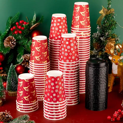 Vista 4 de Maxcheck 100 tazas de Navidad con tapa, taza de café desechables de 12 onzas a granel, papel de pared ondulado aislado para decoración de fiestas