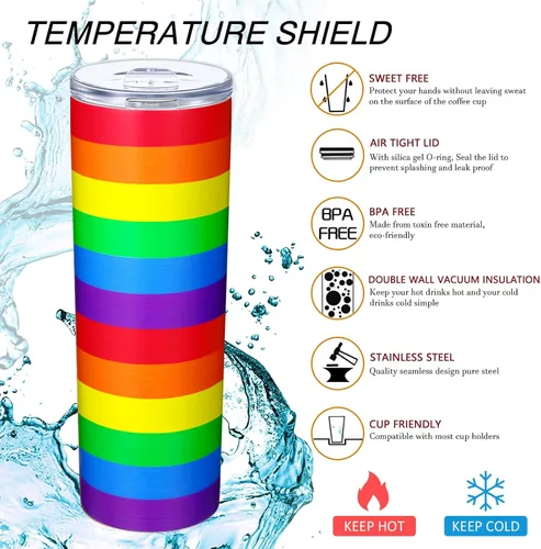 Vista 6 de Geiserailie Vaso de bandera del orgullo arcoíris, regalo pansexual Lesbiana LGBT del orgullo gay, taza de agua a rayas de arcoíris, regalos del mes