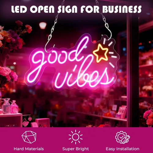 Vista 2 de Letrero de neón Good Vibes, 16 x 8.6 pulgadas, letreros de neón para decoración de pared con interruptor regulable, alimentado por USB, luces