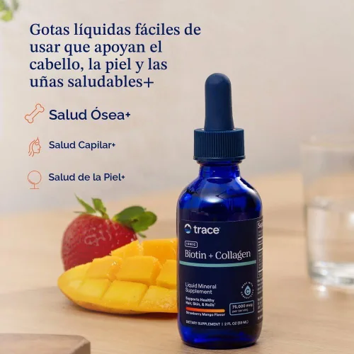 Vista 2 de Trace Minerals Suplemento iónico de biotina + colágeno, 75,000mcg, 2 oz